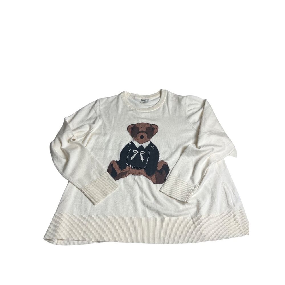 Nikka K Womens 2X Cream Knit crewneck Sweater Teddy Bear Graphic ribbed detail